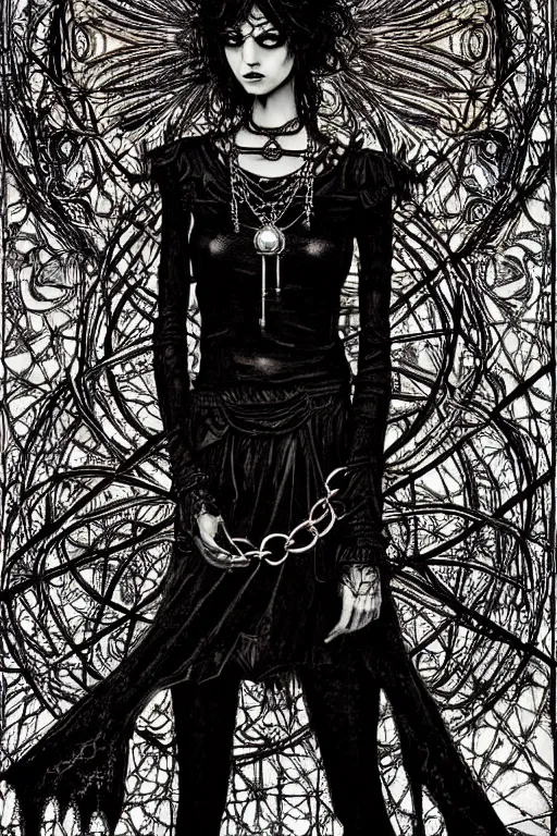 Image similar to dreamy gothic girl, black leather slim clothes, chains and metal parts, detailed acrylic, grunge, intricate complexity, by dan mumford and by alberto giacometti, peter lindbergh