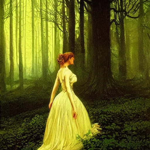 Image similar to A beautiful victorian woman, night, gothic dress, flowing hair, oil painting, portrait, magical forest, spirally trees, glow, dramatic lighting, dramatic light, masterpiece, high detail, long shadow, amazing composition, detailed, painted by Caspar David Friedrich