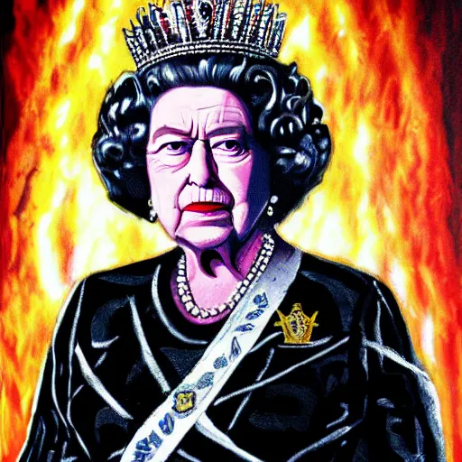 Prompt: Queen Elizabeth II as the Terminator art illustration painting high resolution high quality fantasy art