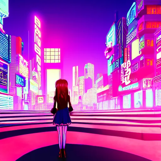 Image similar to anime girl in a synthwave city, center focus, neon tokyo, 4 k