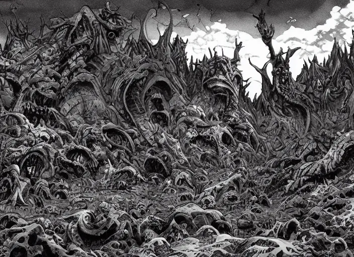 Image similar to a landscape of the hell by takeshi obata and mike mignola, hell, dragons, red and black colors, colors, abandoned buildings, forest with trees with faces, small demons, shadows screaming, night sky, highly detailed, cgsociety, artstation, very detailed