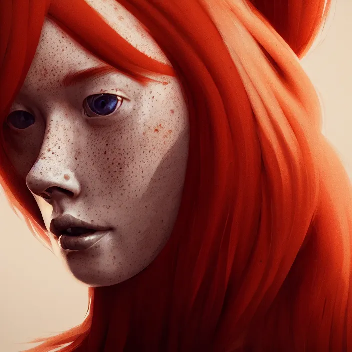 Image similar to portrait of a redheaded woman with freckles. intricate abstract. intricate artwork. by Tooth Wu, wlop, beeple, dan mumford. octane render, trending on artstation, greg rutkowski very coherent symmetrical artwork. cinematic, hyper realism, high detail, octane render, 8k, chrome accents