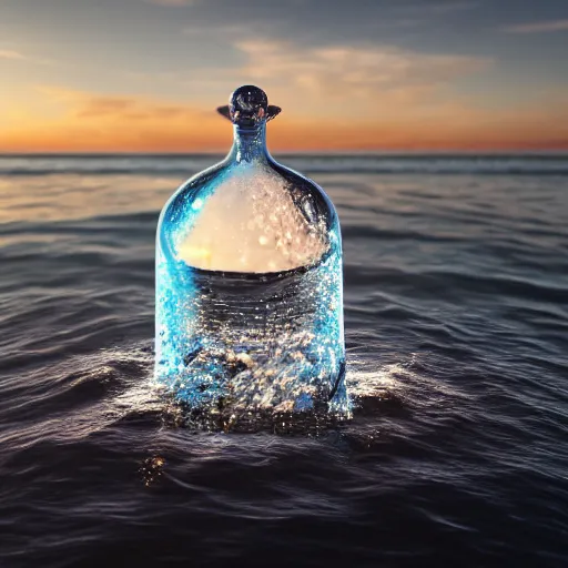 Image similar to water artwork in the shape of a human head stuffed in a bottle, on the ocean water, futuristic, glowing, gradient, hyper realistic, ray tracing, realistic water, sharp focus, long shot, 8 k resolution, cinematic, photoshop water art