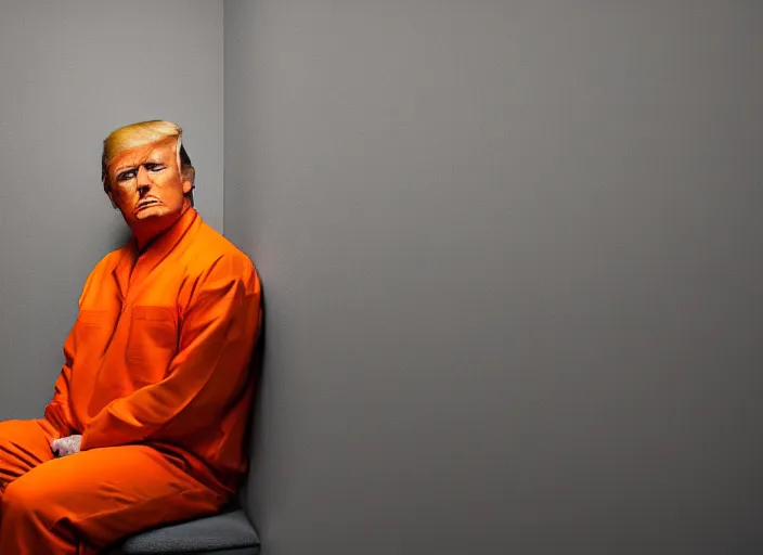 Image similar to portrait photo of donald trump sitting in a jail cell wearing an orange jumpsuit defocused bars in the foreground, studio lighting, key light, 8 k, 8 5 mm f 1. 8
