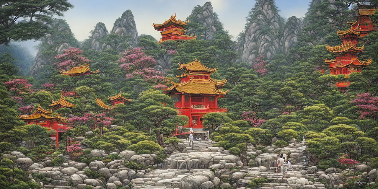 Prompt: the taoist temples of huangshan, landscape painting by pam neilands