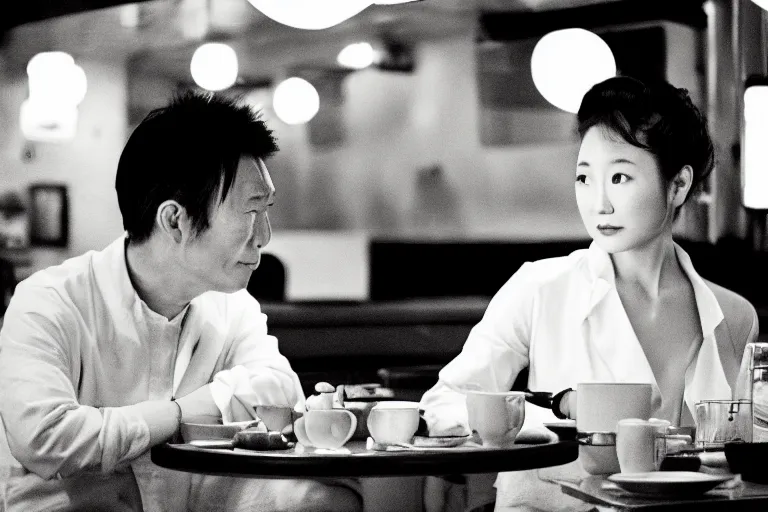 Image similar to movie interior closeup beautiful Japanese couple closeup sitting and talking at 50s diner, night in the city, beautiful skin, by Emmanuel Lubezki