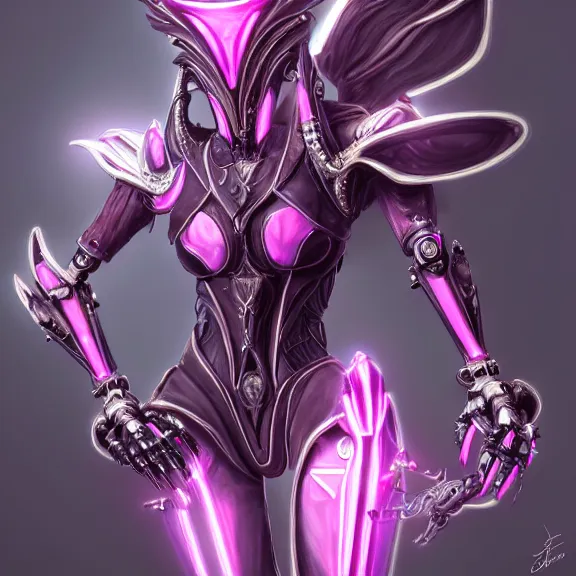 Image similar to highly detailed exquisite fanart, of a beautiful female warframe, but as an anthropomorphic robot dragon with, shiny silver armor with fuchsia accents, engraved, elegant pose, close-up shot, full body shot, epic cinematic shot, sharp claws for hands, long elegant tail, professional digital art, high end digital art, singular, realistic, DeviantArt, artstation, Furaffinity, 8k HD render