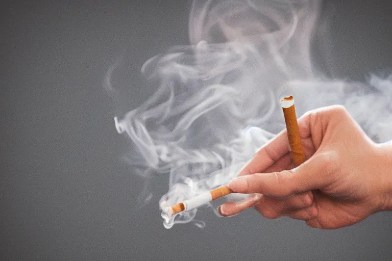 Image similar to Close-up of thin soft hand holding cigarette in it with smoke, hyper realistic, high details, photo, super resolution