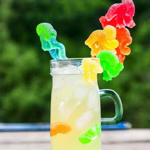 Prompt: lemonade with gummy worms floating through it, slurp drink, food network recipe photography