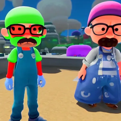 Image similar to walter white in splatoon as an inkling, standing next to an inkling, wide shot, in game screenshot, unreal engine, high definition