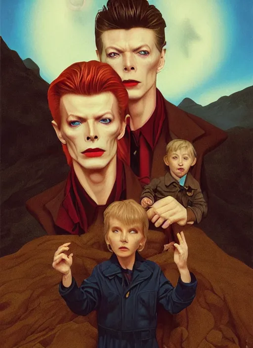 Prompt: twin peaks poster art, portrait of david bowie meets the little boy who is the prince of darkness, by michael whelan, rossetti bouguereau, artgerm, retro, nostalgic, old fashioned