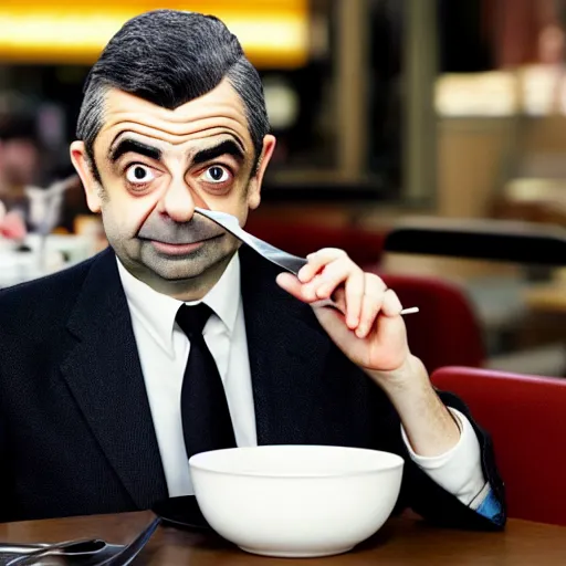 Prompt: photo of rowan atkinson eating inside of a mcdonald's restaurant, highly detailed, extremely high quality, hd, 4 k, 8 k, professional photographer, 4 0 mp, lifelike, top - rated, award winning, realistic, detailed lighting, detailed shadows, sharp, no blur, edited, corrected, trending