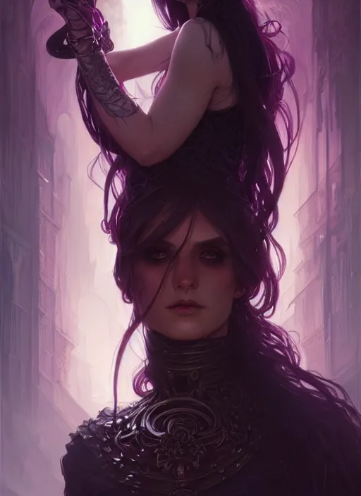 Image similar to Necromancer Sorceress, fantasy magic, undercut hairstyle, dark light night, intricate, elegant, sharp focus, illustration, highly detailed, digital painting, concept art, matte, art by WLOP and Artgerm and Greg Rutkowski and Alphonse Mucha, masterpiece