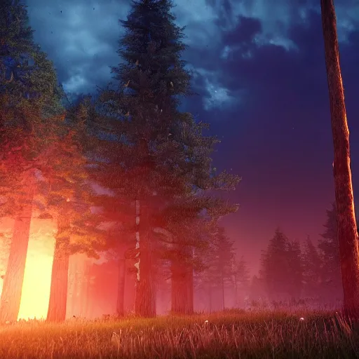 Image similar to a ultra realistic blue lightning arc over a cabin in the wood, by night. cows in the field. pines. horror movie scene, complex, highly detailed, unreal engine 5, 8 k render