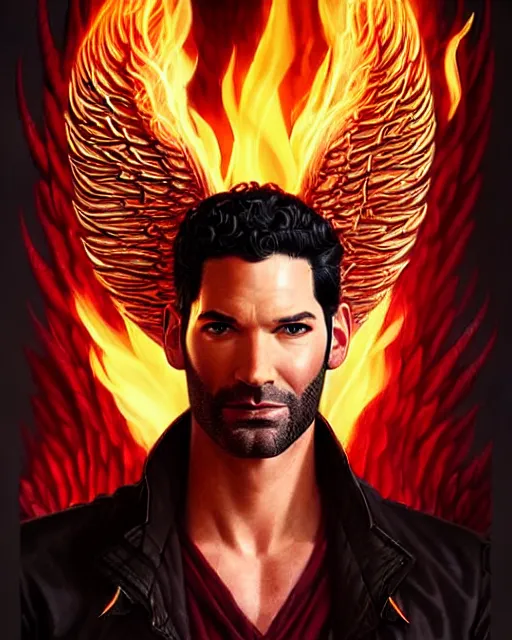 Prompt: tom ellis ( lucifer ) portrait with fire demon wings, fantasy, intricate devilish designs, elegant, highly detailed, sharp focus, art by artgerm and greg rutkowski and wlop