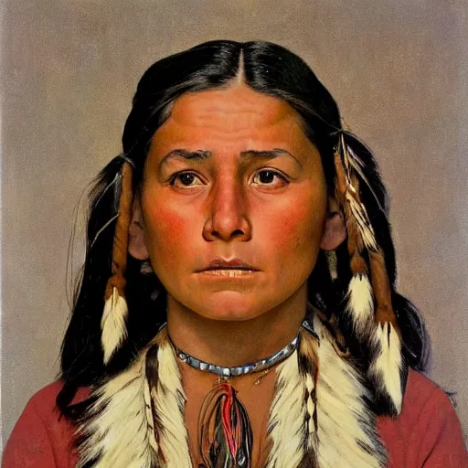 Image similar to head and shoulders portrait of young native american woman, snarling, looking up, clothed, three quarter profile, norman rockwell, ryan pancoast