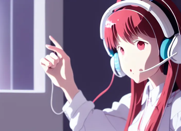 Image similar to a film still portrait of a white long hair red eyed young cute girl wearing a headset in a room interior, closeup, perfect art, gapmoe yandere, trending on pixiv fanbox, painted by makoto shinkai takashi takeuchi studio ghibli