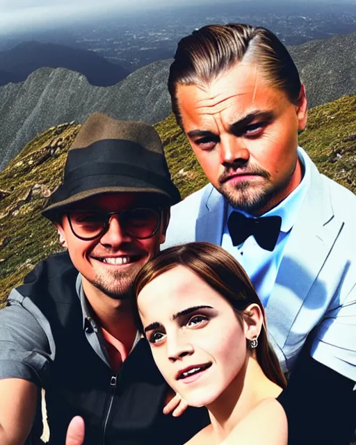 Image similar to selfie of emma watson and leonardo dicaprio on a mountain