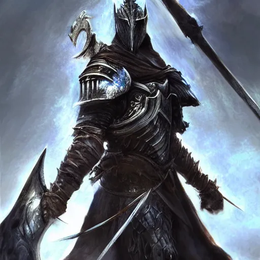 Image similar to messi as a knight crouching down holding a sword over his head by daniel gerhartz, artorias, abysswalker, dark souls, featured on deviantart, fantasy art, concept art, 2 d game art, official art