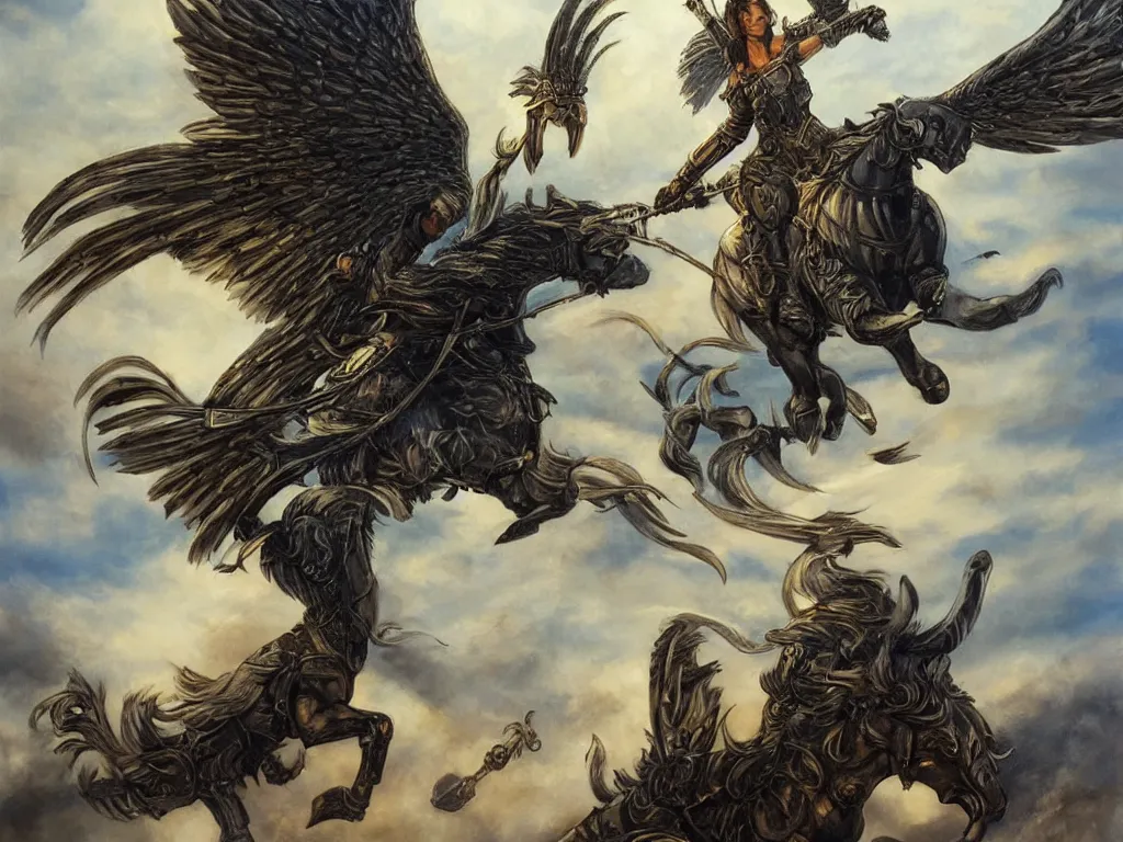 Prompt: valkyrie on pegasus, epic scene, style of brom, highly detailed