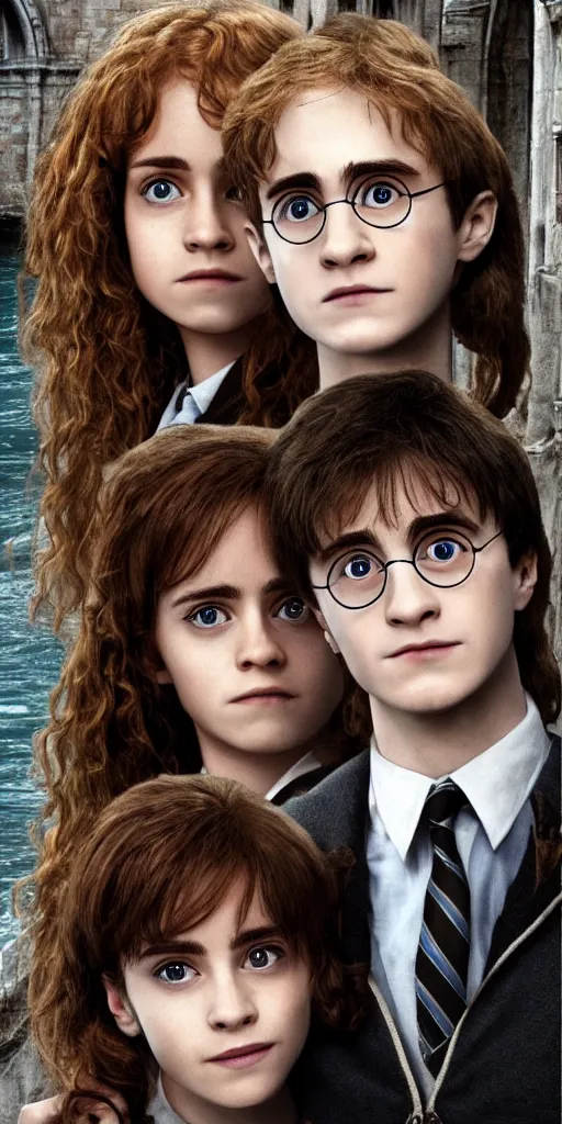 Prompt: Harry Potter Ron and Hermione in Venice, hyper realistic face, symmetrical face, beautiful eyes,