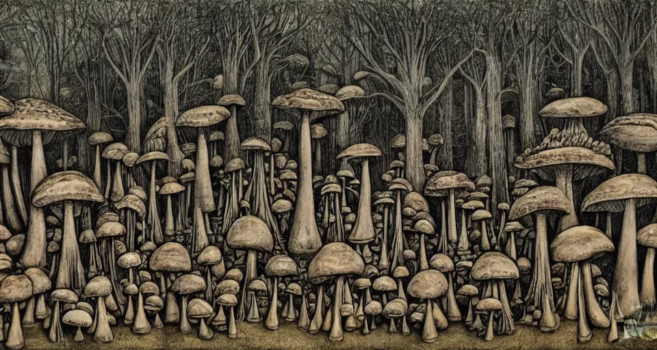 Image similar to A tribal village in a forest of giant mushrooms, by HR Giger