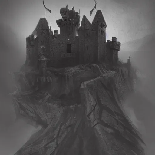 Image similar to castle of satan on a mountain in hell, dark atmospheric, trending on artstation