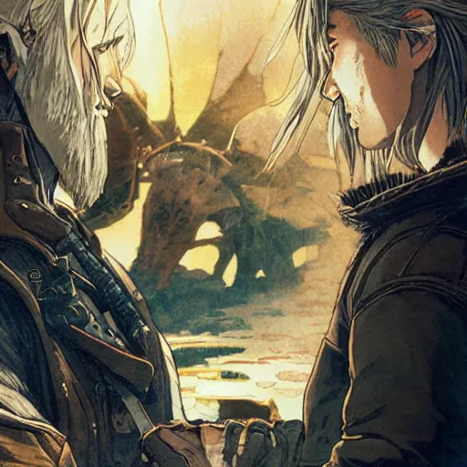 Image similar to precisely drawn illustration of anime geralt of rivia talking to smaug the dragon, wide angle, sharp, fine details, anime, manga, cyberpunk, realistic shaded lighting by katsuhiro otomo ghost-in-the-shell, magali villeneuve, artgerm, rutkowski, Jeremy Lipkin and Giuseppe Dangelico Pino and Michael Garmash and Rob Rey