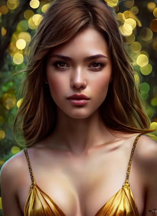 Image similar to photo of a gorgeous female in the style of stefan kostic, realistic, half body shot, sharp focus, 8 k high definition, insanely detailed, intricate, elegant, art by stanley lau and artgerm, extreme bokeh foliage