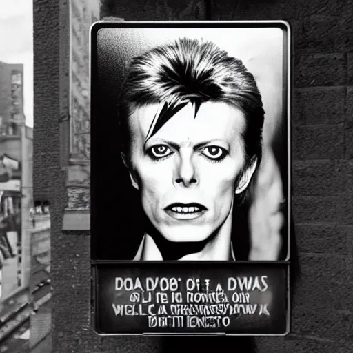 Image similar to Emotional pictures of David Bowie printed on a New York street sign in the style of WEEGEE , 8k, b/w photorealistic imagery, trending on artstation, artstationHQ, artstationHD