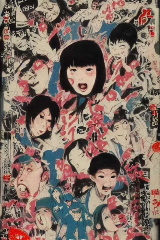 Image similar to japanese graffiti horror vhs cover art, detailed facial expressions