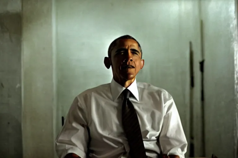 Image similar to barack obama on the electric chair, a still from the green mile, dramatic lighting