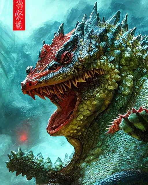 Image similar to Godzilla-like game character beautiful giant kaiju sized pond dragon half fish half salamander, wet amphibious skin, red salamander, axolotl creature, koi pond, korean village by Ruan Jia and Gil Elvgren, fullbody