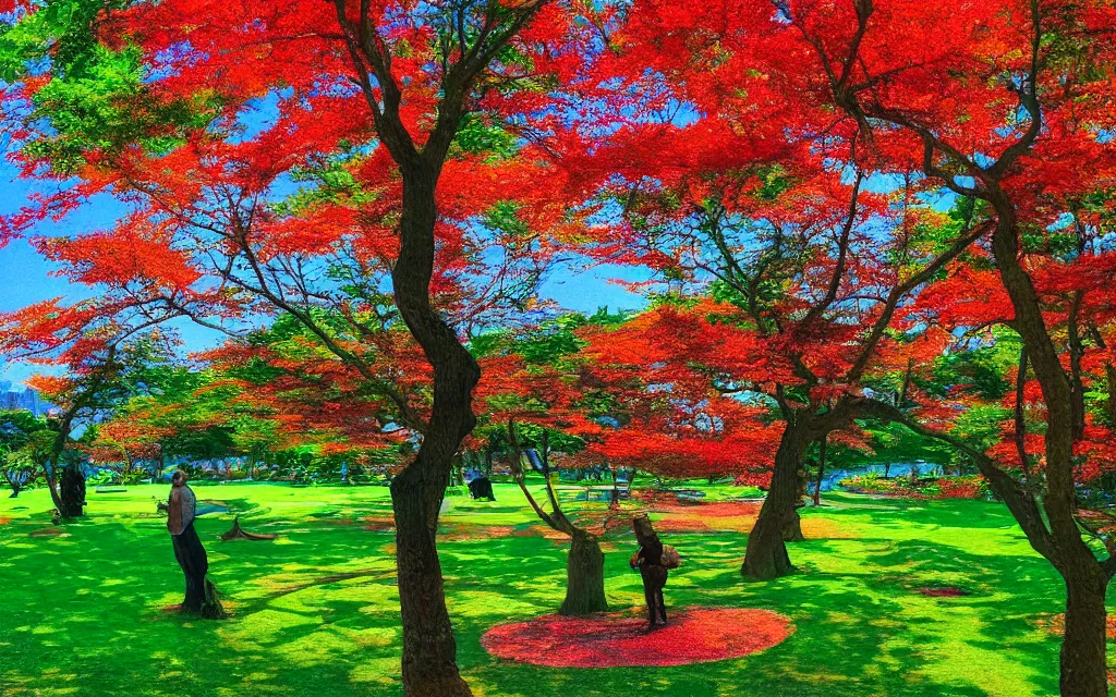 Prompt: beautiful red maple park in fukuoka. fibonacci cubes and prisms. retro art by jean giraud and van gogh.