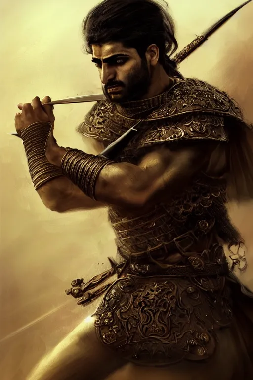 Image similar to portrait of a Persian Prince fighting at war, warrior, brutal battle, handsome prince, shaved face, no beard, attractive young man, heroic pose, persian style architecture, dramatic lighting, dark and horror, action and tragedy, dust and blood, intricate, wild, highly detailed, digital painting, artstation, concept art, smooth, sharp focus, illustration, art by artgerm and greg rutkowski and alphonse mucha, footage from space camera