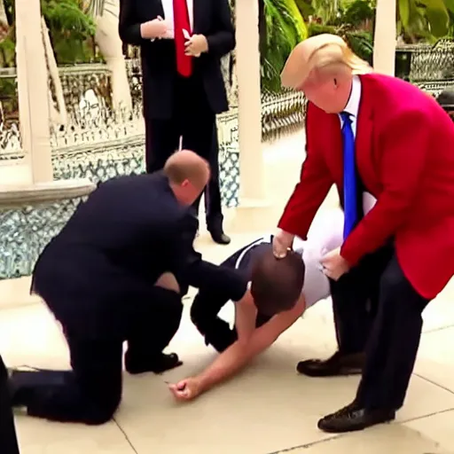 Image similar to News still of Donald Trump being handcuffed and arrested at mar-a-lago