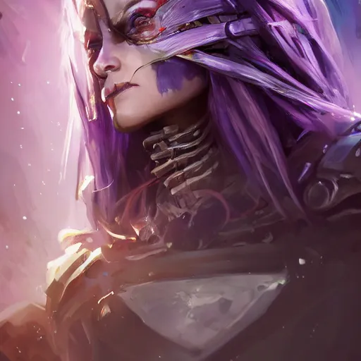 Prompt: extreme close up portrait of a woman with purple hair in sci - fi armor, sylvanas windrunner, stoic, powerful, by benedick bana and artur bordalo and tom bagshaw and craig davison and guy denning and harumi hironaka, trending on artstation hq, deviantart, pinterest, 4 k uhd image