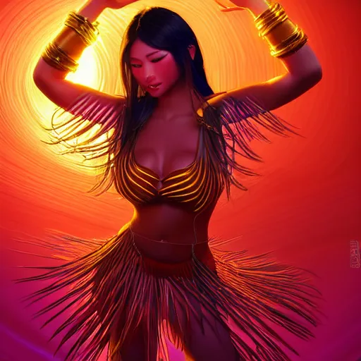 Prompt: a portrait of a full body beautiful futuristic asian hula girl, young with long hair, bioluminescence, short hula skirt, hyper - realistic, very detailed, intricate, very sexy pose, slight smile expression, unreal engine, by artgerm, wlop and ross thran, dramatic cinematic lighting rendered by octane, 8 k, detailed