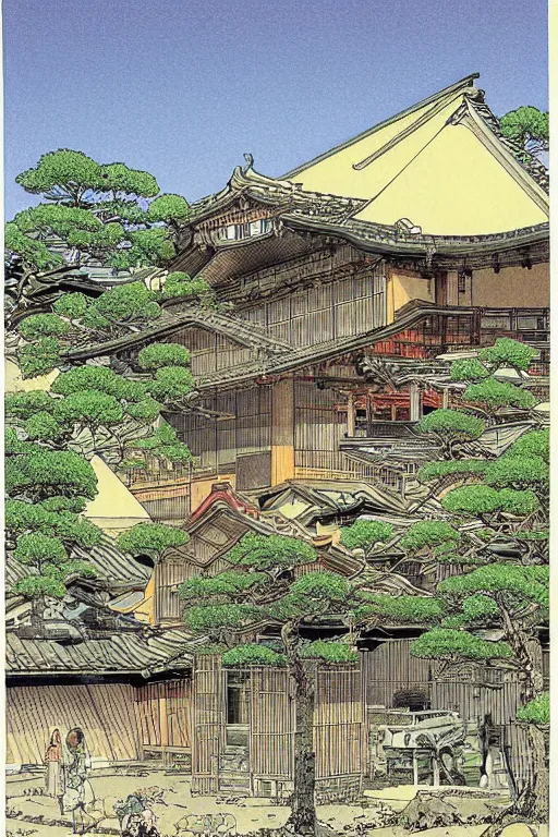 Image similar to beautiful illustration of a rural japanese home, by moebius, masamune shirow and katsuhiro otomo