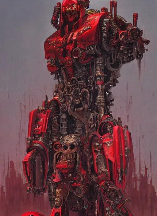 Prompt: portrait of adeptus mechanicus in red hood and robe and rotten flash head from Warhammer 40000. Highly detailed, artstation, illustration by and John Blanche and zdislav beksinski and wayne barlowe