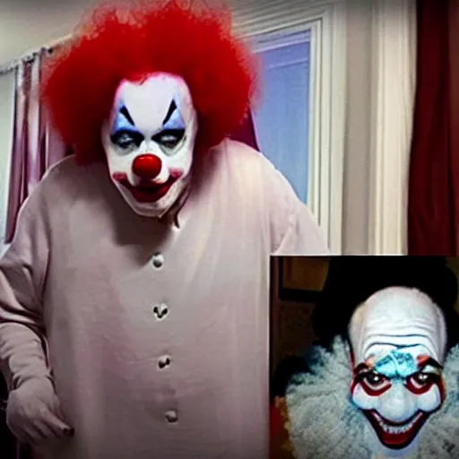 Image similar to hidden camera footage of terrifying clown in a bedroom