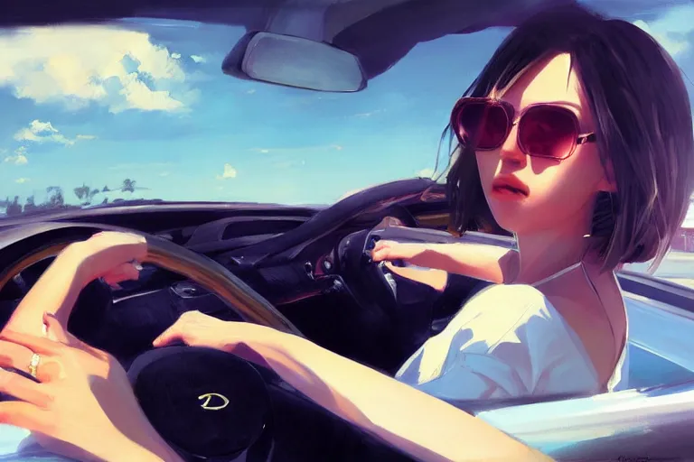 Image similar to A ultradetailed beautiful portrait panting of a stylish girl driving a car, bright sunny day, Oil painting, by Ilya Kuvshinov, Greg Rutkowski and Makoto Shinkai