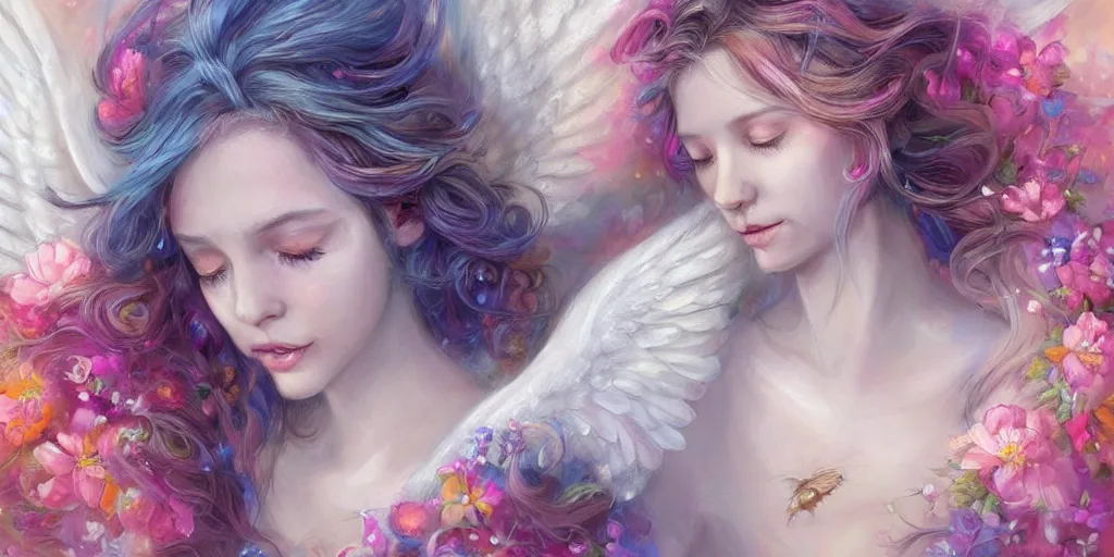 Image similar to a colorful and provenance portrait painting of a angel with her hugeflowers wings spread out gracefully ， detailed, highly detailed, hair made of hair made of air wind and curling smoke, mist, dust, genie, flowers, flower, stars, spirit fantasy concept art ， art by charlie bowater and aenami, trending on artstation.