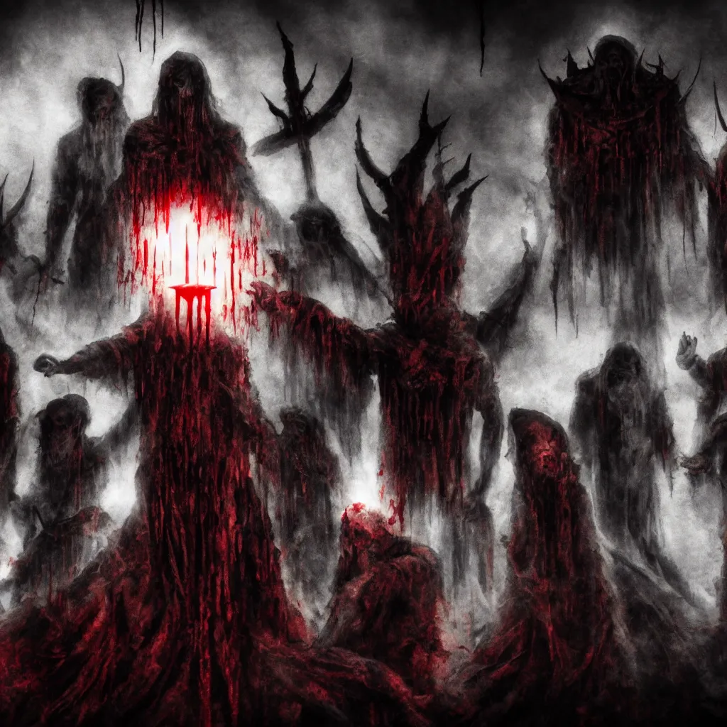 Prompt: closeup members of a blood cult summon a deity, dark and mysterious, atmospheric, ominous, eerie, cinematic, cinematic, 4k, ultra detail, ultra realistic