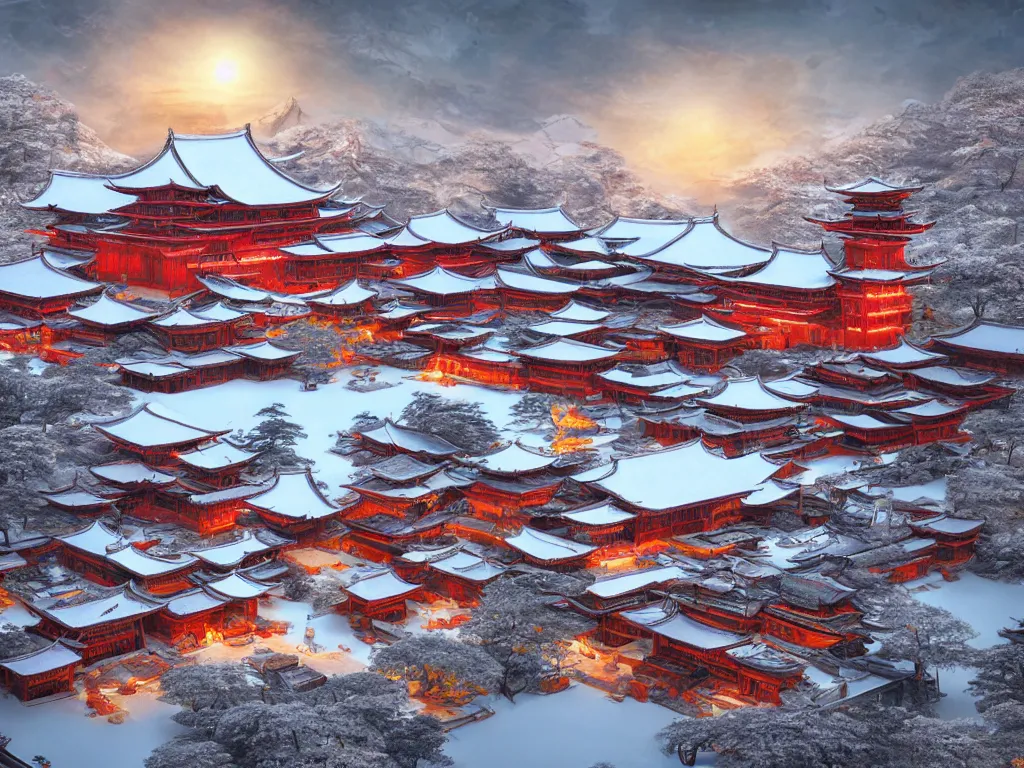 Image similar to shaolin monastery on snowy mountain, concept art, digital art, neon, 8 k, sad, yin yang, incandescent, cinematic lighting, ray tracing ambient occlusion, in a symbolic and meaningful style, insanely detailed and intricate, hypermaximalist, elegant, ornate, hyper realistic, super detailed