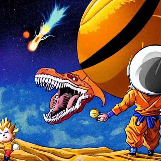 Prompt: son goku having a basketball match with a t - rex on the moon