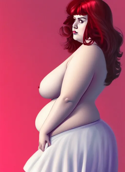 Image similar to full body portrait of teenage cheryl blossom, obese, bangs, sultry, realistic, red hair, sultry smirk, wavy hair, pink skirt, fat, belly, intricate, elegant, glowing lights, highly detailed, digital painting, artstation, concept art, smooth, sharp focus, illustration, art by wlop, mars ravelo and greg rutkowski