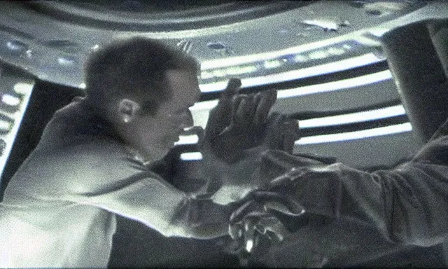 Image similar to Science fiction movie, inside the spaceship's reactor room, the captain punches the alien.