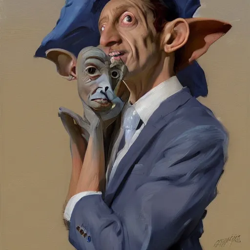 Image similar to greg manchess portrait of dobby the house holding the body of a man in a blue suit over his head, organic painting, sunny day, matte painting, bold shapes, hard edges, street art, trending on artstation, by huang guangjian, gil elvgren, ruan jia, randy vargas, greg rutkowski