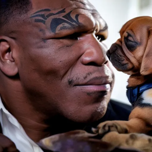 Image similar to 15mm wide shot of mike tyson holding a puppy